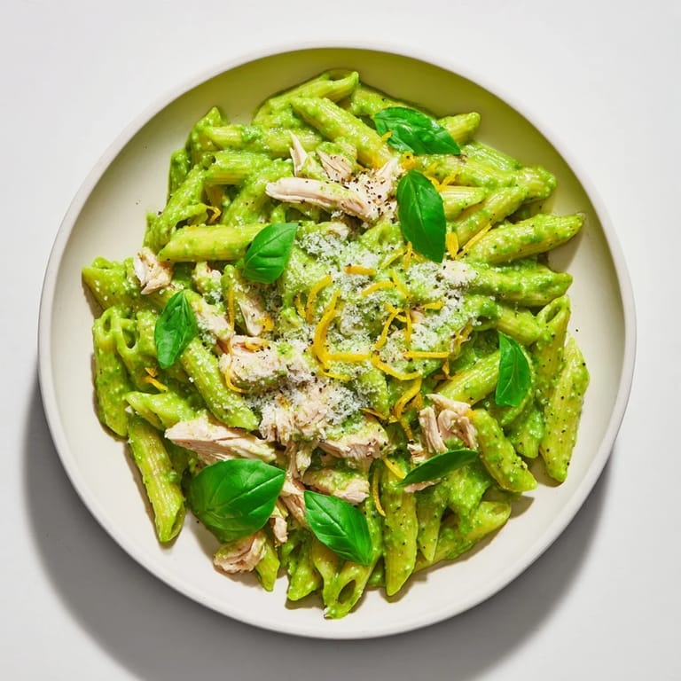 Quick and easy 10-Minute Pesto Pasta with Chicken, garnished with fresh basil and Parmesan cheese, ready to eat.