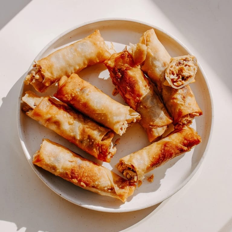 Close-up of freshly air-fried Chicken Lumpia Bites, their flaky exteriors hinting at savory flavors within.