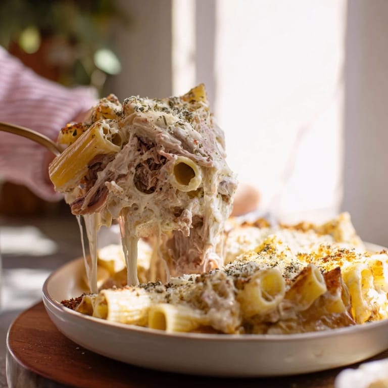 A close-up view of Moist Maker Pasta Casserole, showing layered textures and cheesy, baked goodness.