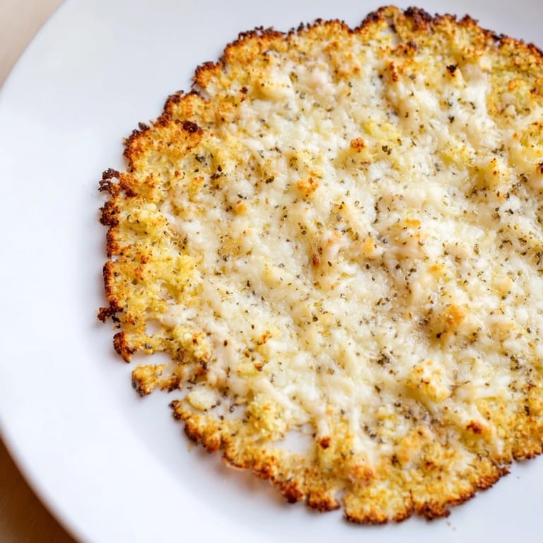 A crispy cauliflower pizza crust, perfect for pizza night, features a lightly browned, inviting texture.