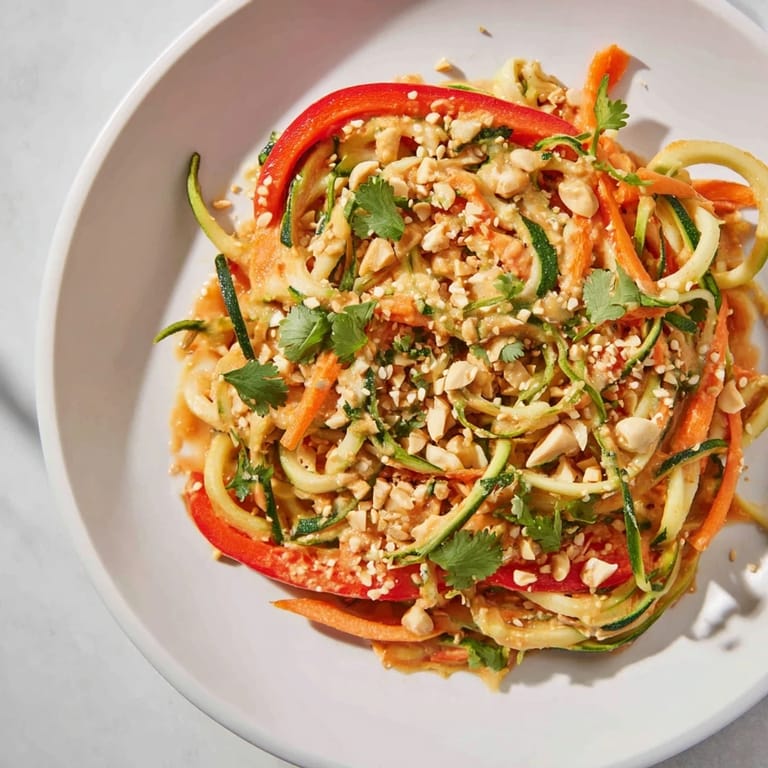 Fresh zesty peanut zucchini noodles salad, featuring crunchy vegetables and a spicy peanut dressing.