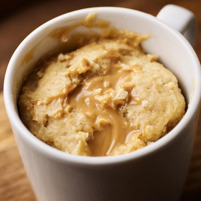 Fluffy and golden, a single serving of 2-Minute Peanut Butter Mug Cake served right from the mug.