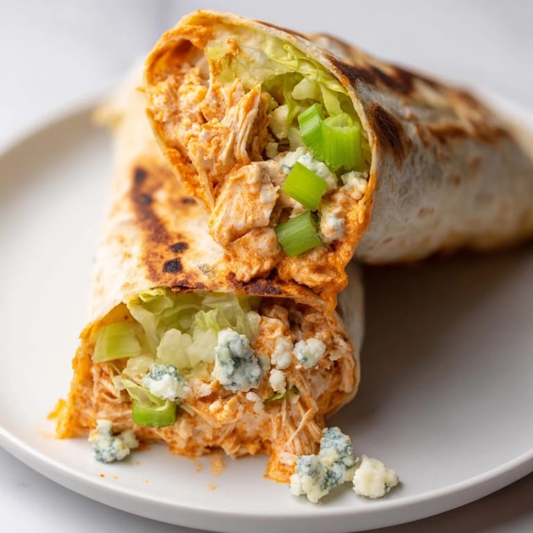 Golden-browned Buffalo Chicken Dip Wrap, packed with shredded chicken and fresh vegetables, perfect for lunch.