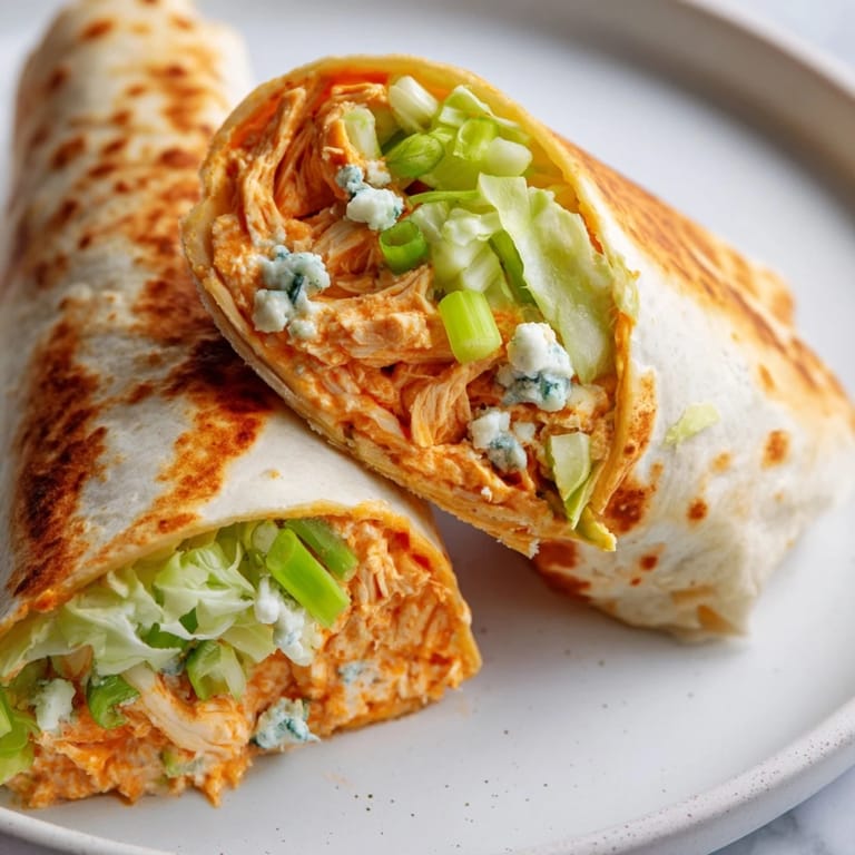 Close-up of a perfectly rolled Buffalo Chicken Dip Wrap, showcasing a creamy, cheesy, and spicy filling.