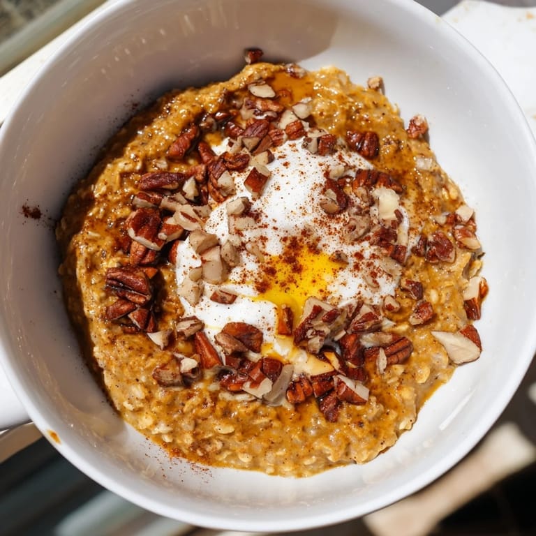 Close-up image shows the creamy texture of the homemade Pumpkin Spice Latte Oats, ready to eat.