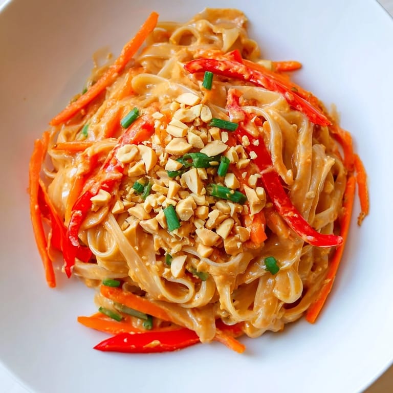 A close-up of finished Spicy Peanut Noodles, coated in a rich sauce, garnished with fresh cilantro.