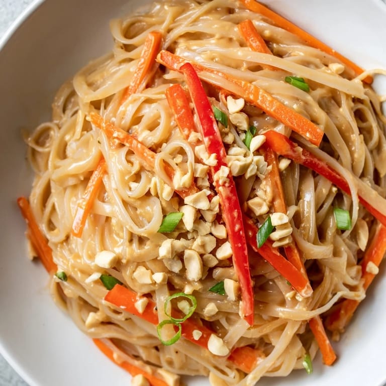 Enjoy a bowl of savory, flavorful Spicy Peanut Noodles, the perfect vegetarian Asian-inspired meal.