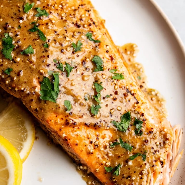 Baked honey mustard salmon with flaky, tender texture, coated in a sweet and savory glaze.