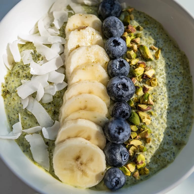 Vibrant green matcha overnight oats ready to eat, a perfect make-ahead breakfast with fresh toppings.