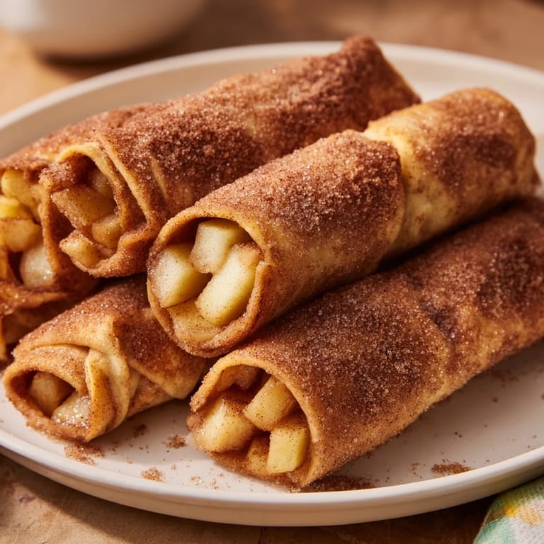 Close-up of baked Apple Pie Roll-Ups, showing a delicious, spiced apple interior and a perfect golden hue.
