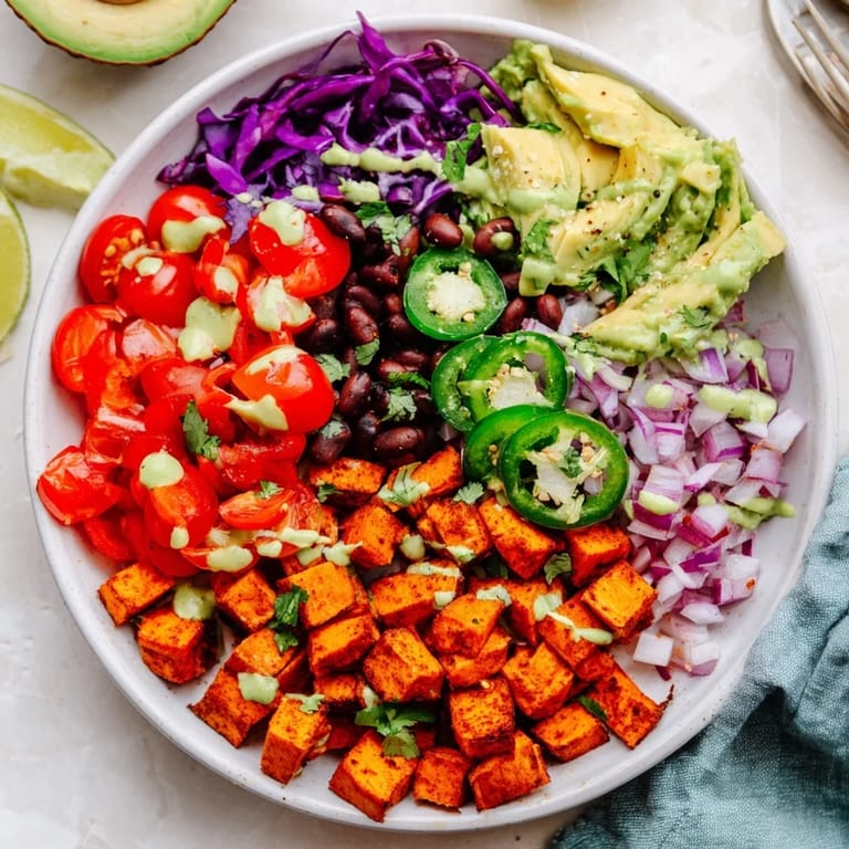 Enjoy delicious, healthy sweet potato taco bowls, with the vibrant colors of fresh ingredients and plant-based goodness.