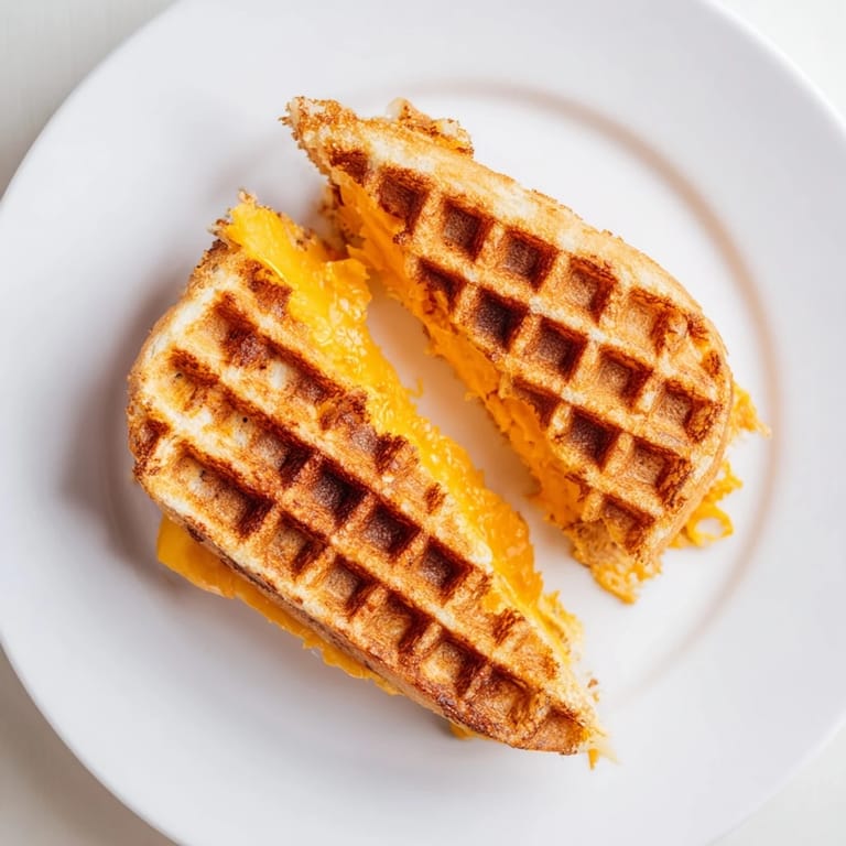 A close-up of a crispy waffle grilled cheese, with melted cheese oozing between the bread slices.