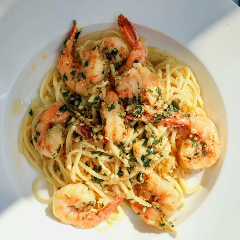 Close-up of Lemon Herb Pasta with Shrimp, showing juicy shrimp and herbs coating the pasta, ready to eat.