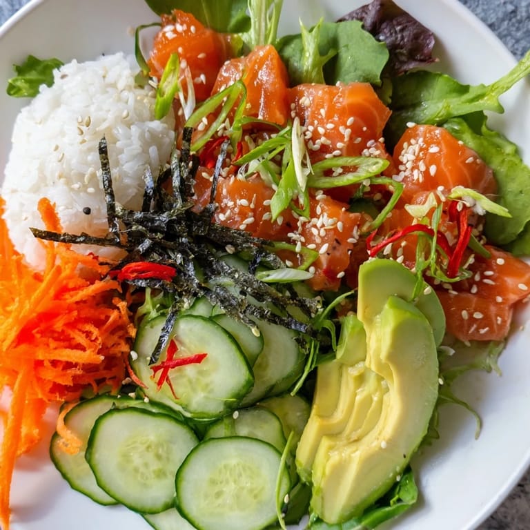 A delicious poke bowl salad featuring sushi-grade fish, greens, and a savory soy-ginger dressing.
