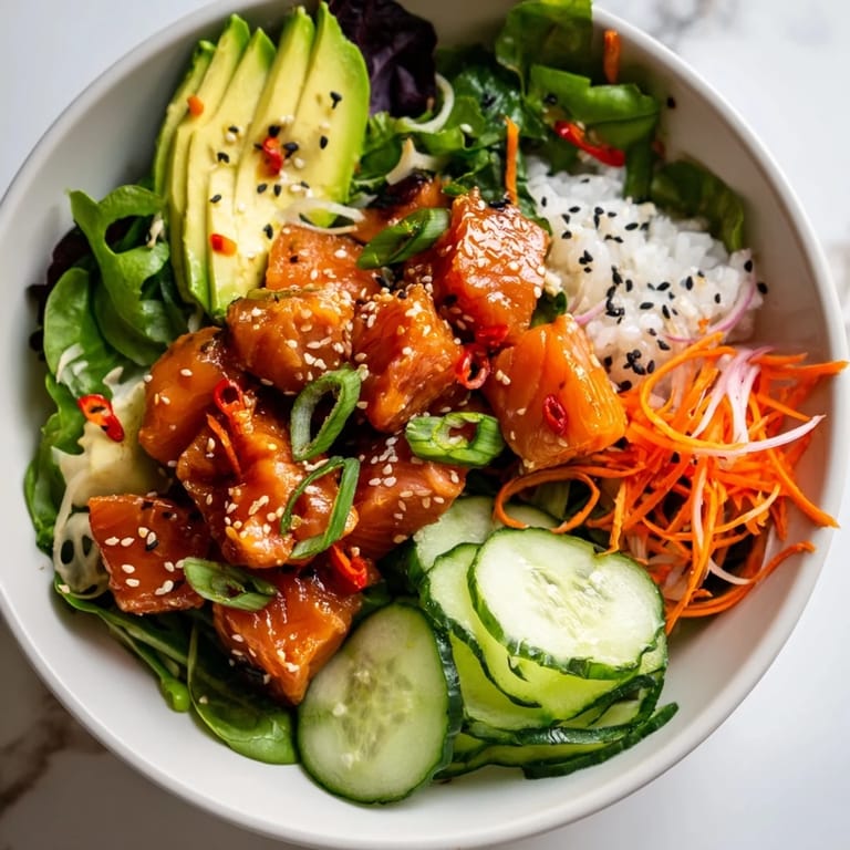 Beautiful photo of a poke bowl salad, perfect for a quick and healthy pescatarian meal.