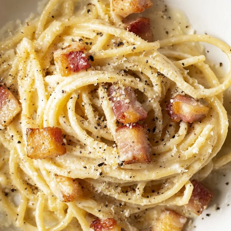 A close-up of Express Spaghetti Carbonara shows strands coated in a rich egg and cheese sauce.