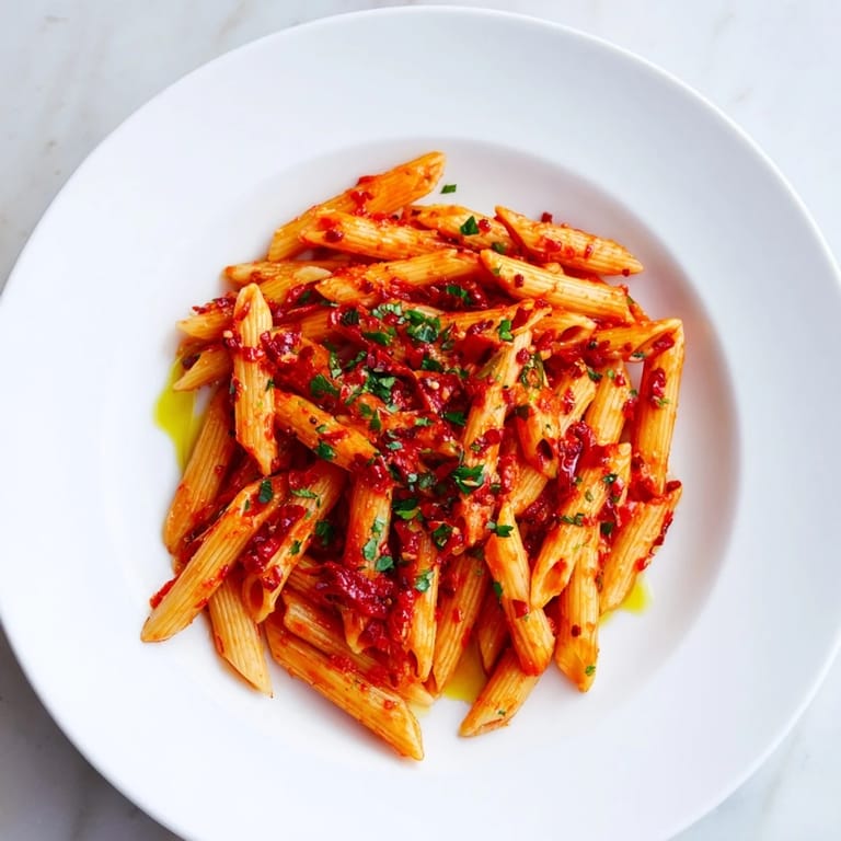 Close-up of penne all'arrabbiata with a drizzle of olive oil, ready for a delicious Italian meal.