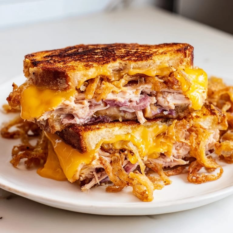 Melted cheese pull from a warm Crispy Shallot Chicken Grilled Cheese, with crispy edges and savory chicken.