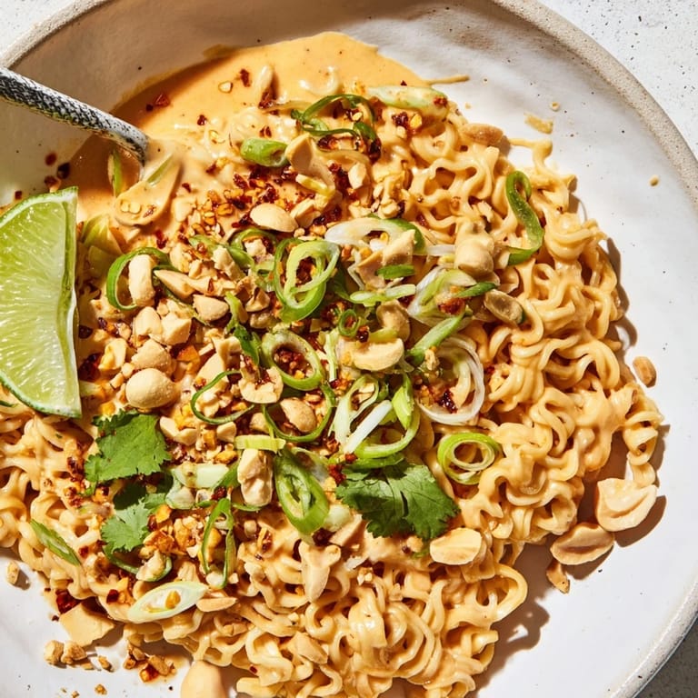Flavorsome Instant Peanut Thai Sauce Noodles, showcasing a vegetarian meal with a swirl of chili crisp, visually appealing.