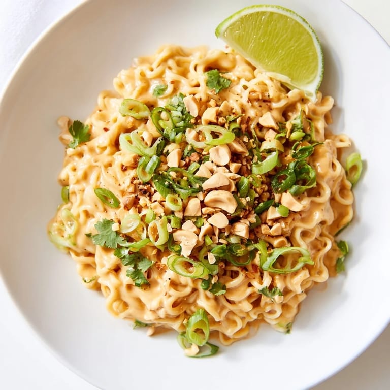 Close-up of vibrant Instant Peanut Thai Sauce Noodles, garnished with scallions and peanuts, a quick Thai meal.