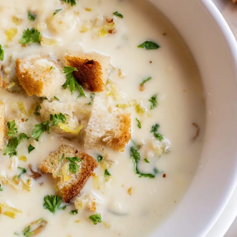 Anticipate the flavors of this hearty Creamy Garlic Bread Soup simmering gently on the stovetop.