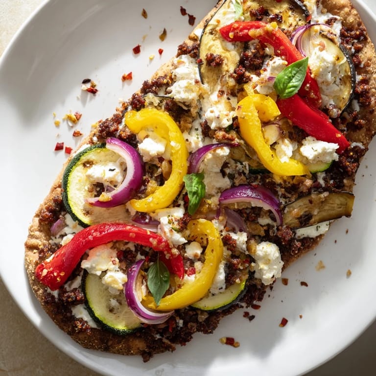 Warm naan bread pizza, topped with olives, feta, and colorful roasted vegetables.