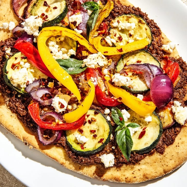 Freshly baked naan bread pizza, featuring olive tapenade and a medley of ingredients.