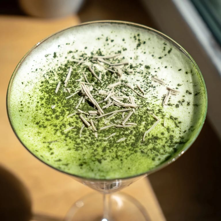 The creamy Matcha Martini cocktail fills a martini glass, paired with white chocolate shavings for a sweet garnish.