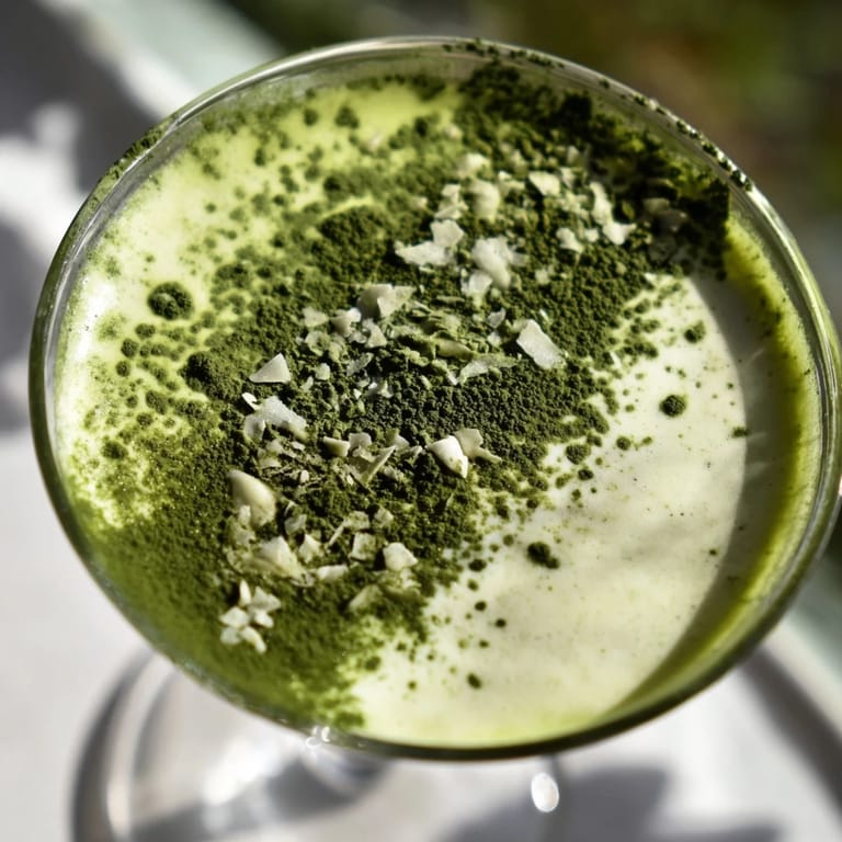 A frothy Matcha Martini cocktail is poured into a glass, ready to be served after a vigorous shake.