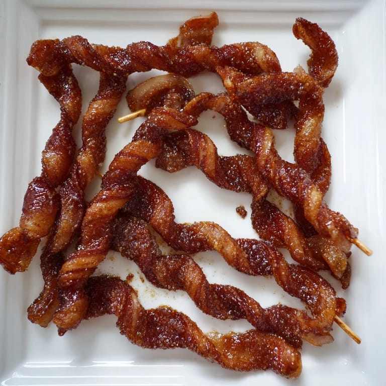 Freshly baked Spiced Bacon Twists arranged on a parchment-lined tray, sprinkled with coarse sugar and a hint of cayenne pepper.