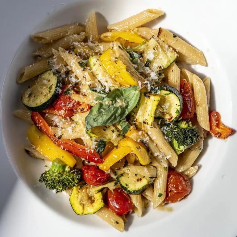 A bright white bowl of Pasta Primavera featuring penne pasta, colorful vegetables, and a light garlic-olive oil sauce, ready to serve.
