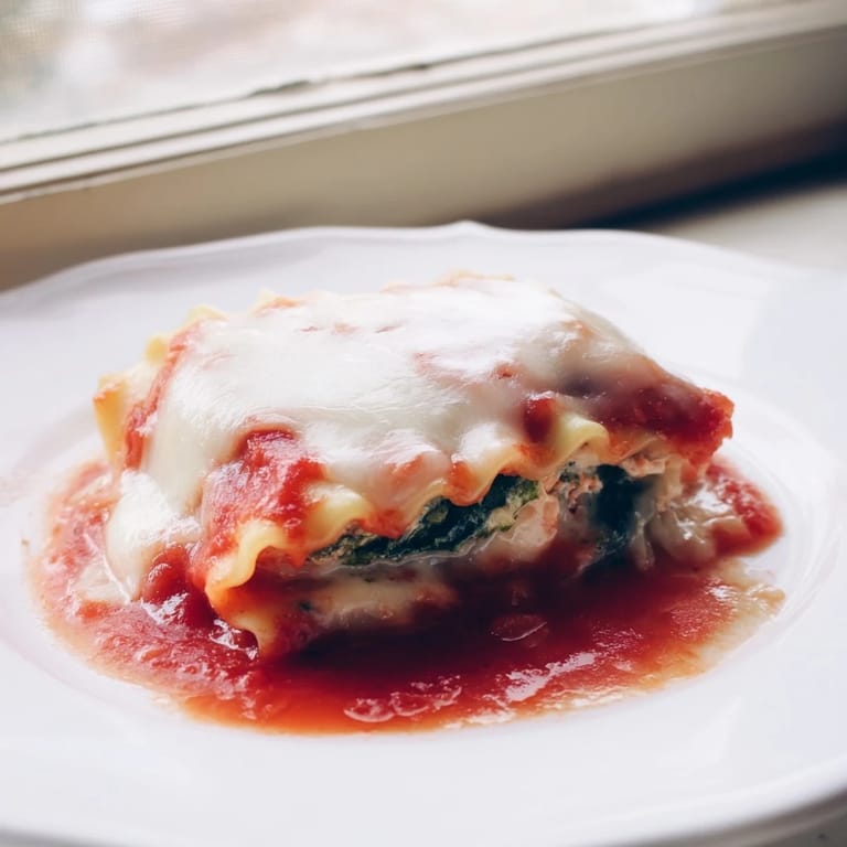 Freshly baked Chicken and Spinach Lasagna Rolls, garnished with parsley and served beside a crisp green salad.  