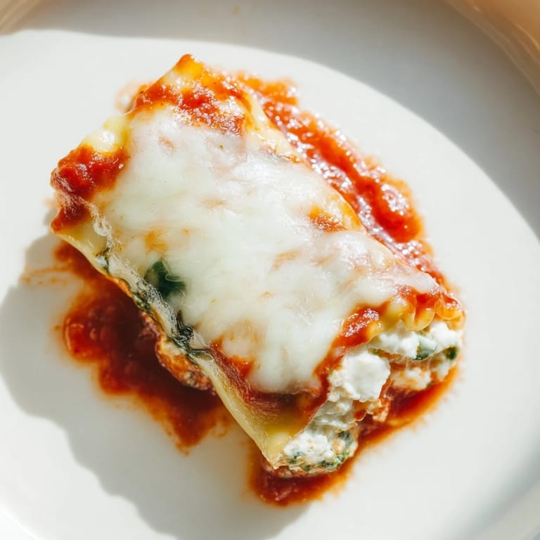 Tender rolled pasta noodles filled with creamy chicken, spinach, and cheeses, coated in savory tomato sauce.