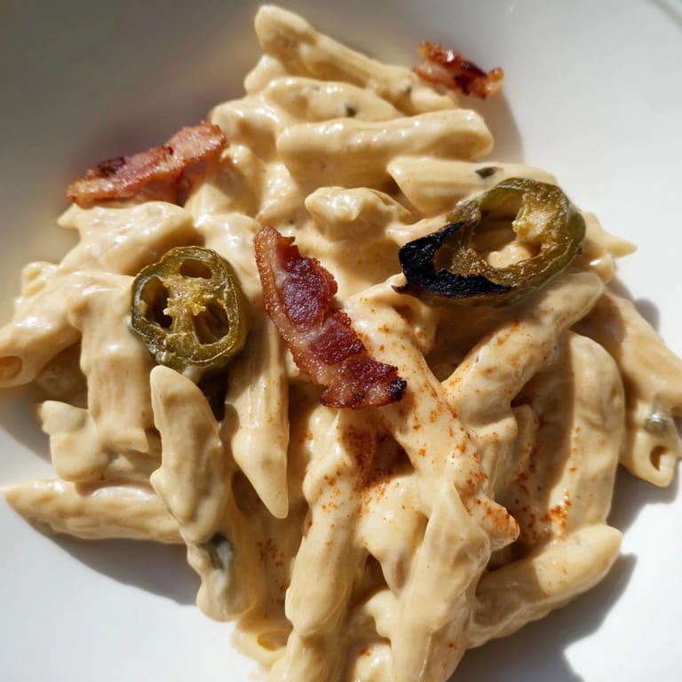 Roasted jalapeños and gooey cheese sauce coat penne pasta, creating a spicy, decadent comfort food meal ready for dinner.