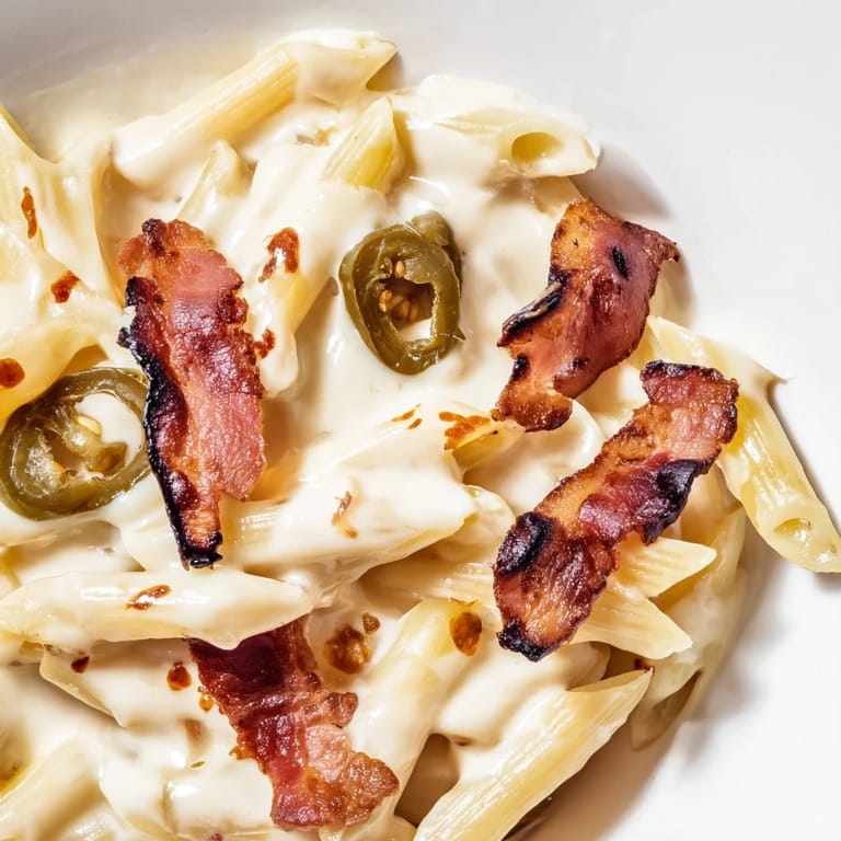Steaming Jalapeño Popper Pasta with Monterey Jack and bacon, garnished with green chives for a pop of color and flavor.