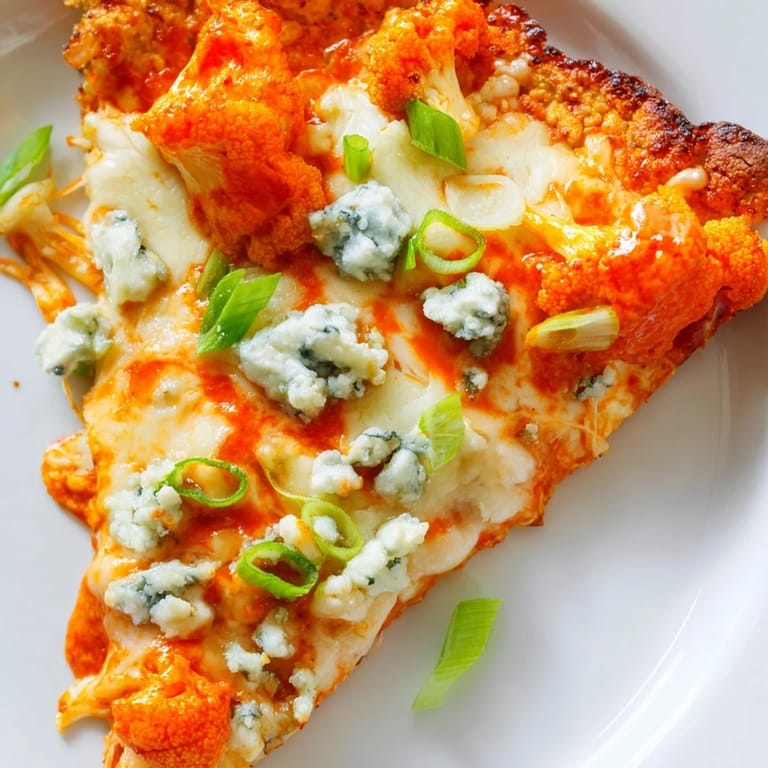 Sizzling hot Buffalo Cauliflower Pizza with a thick, vegetarian crust, melted cheese, and vibrant green onions, ready to serve for game day.