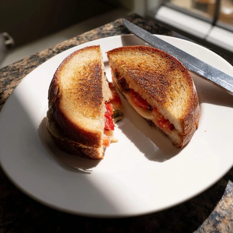 Crusty sourdough slices filled with juicy tomato and creamy mozzarella in a classic Tomato Basil Grilled Cheese.  