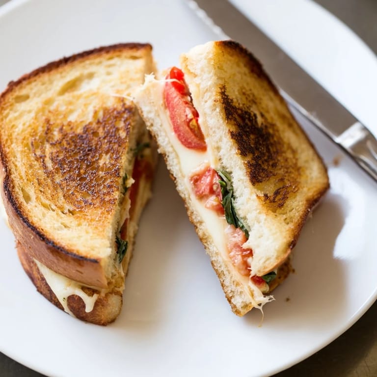 The perfect Tomato Basil Grilled Cheese, sliced to reveal layers of ripe tomato and basil on melted cheese.