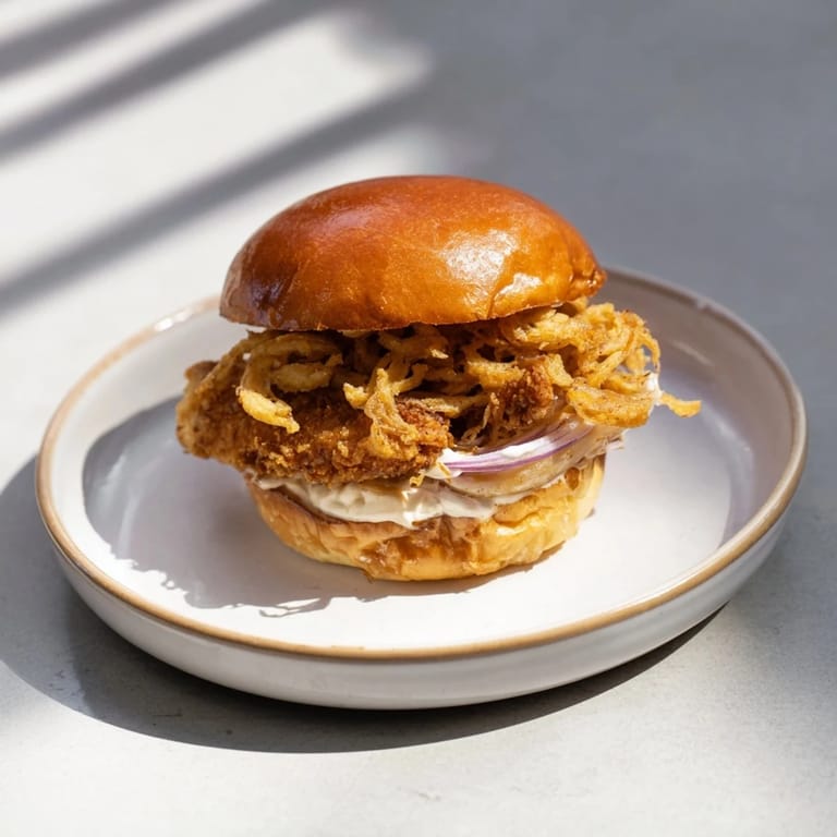 Succulent Crispy Onion Chicken Sandwich with buttermilk-fried chicken, crunchy onions, and fresh lettuce leaves.