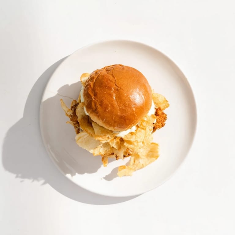 Homemade Crispy Onion Chicken Sandwich stacked with juicy chicken thighs, crispy onions, and garlic aioli.