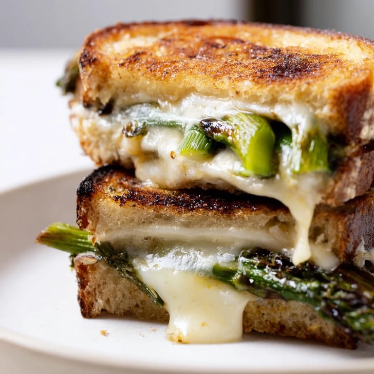 A close-up of asparagus and Brie grilled cheese on a plate, served with a fresh green salad.