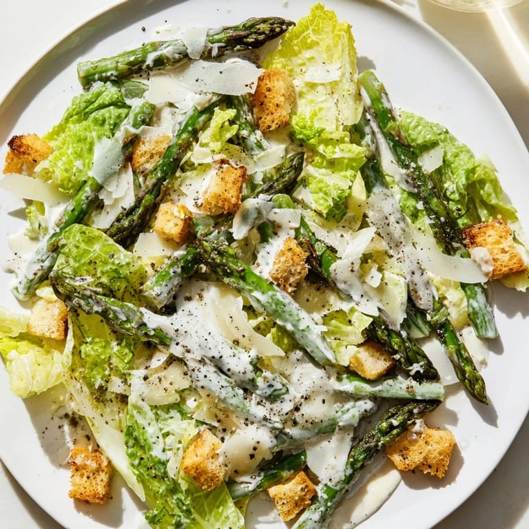 A close-up of the Roasted Asparagus Caesar Salad highlights its textures and savory aroma.