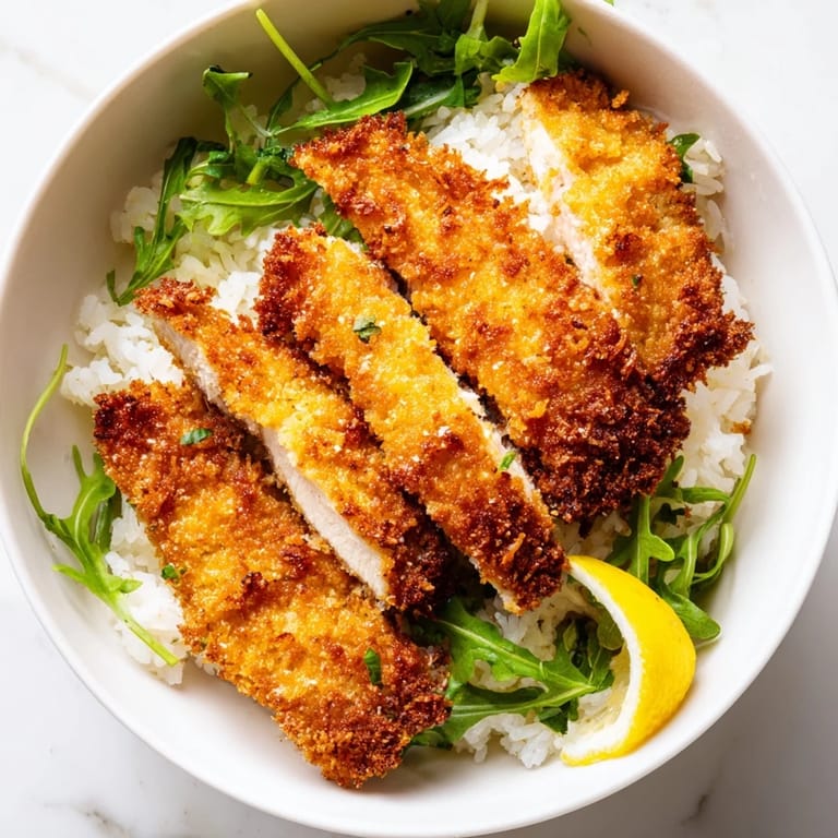 A hearty bowl of sliced crispy Parmesan chicken cutlets served over warm rice with a squeeze of fresh lemon.
