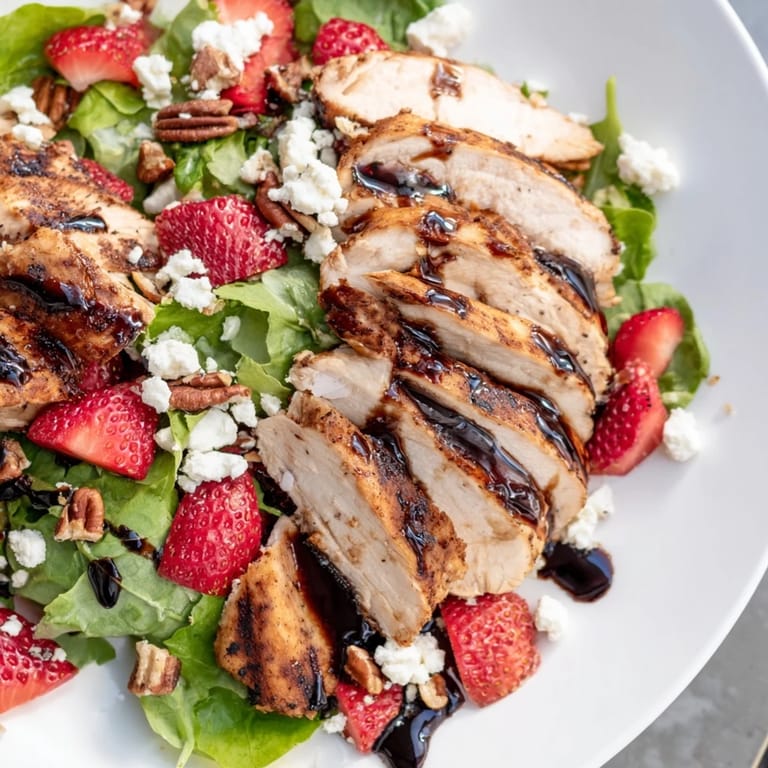 Freshly sliced strawberries and crumbled feta top a bed of mixed greens, featuring tender grilled chicken and a glossy balsamic drizzle for this summery Strawberry Balsamic Chicken Salad.