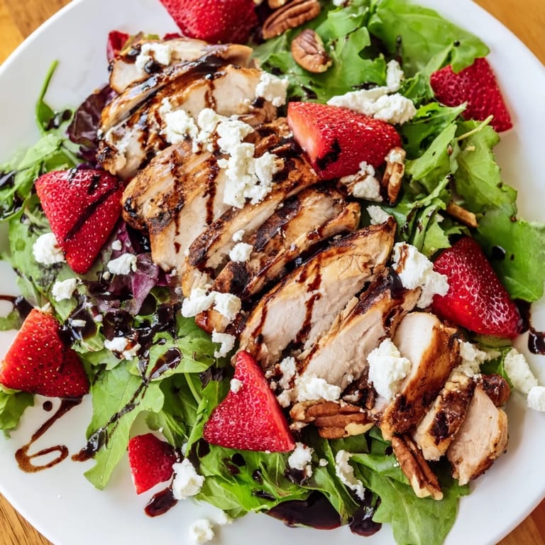 A colorful platter of Strawberry Balsamic Chicken Salad showcases glistening grilled chicken, vibrant red berries, creamy feta, and toasted pecans over a crisp mixed green base.
