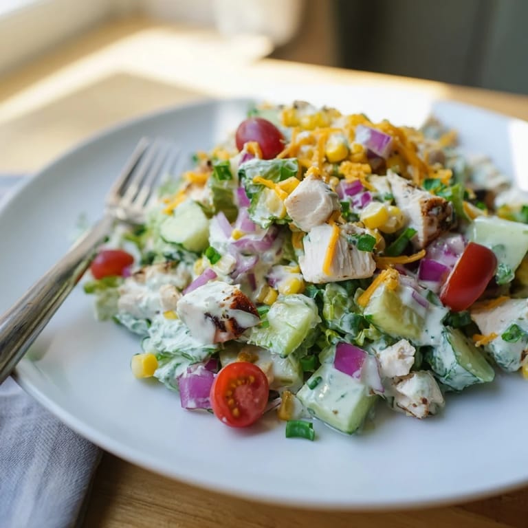 Freshly chopped romaine, juicy tomatoes, and cool cucumbers in a hearty Ranch Chicken Chopped Salad, perfect for a quick, high-protein lunch or light dinner.