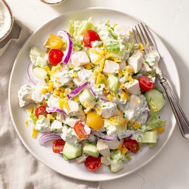 Served in a rustic bowl, this Ranch Chicken Chopped Salad features tender chicken, sweet corn, and shredded cheddar tossed in a creamy, homemade ranch dressing.