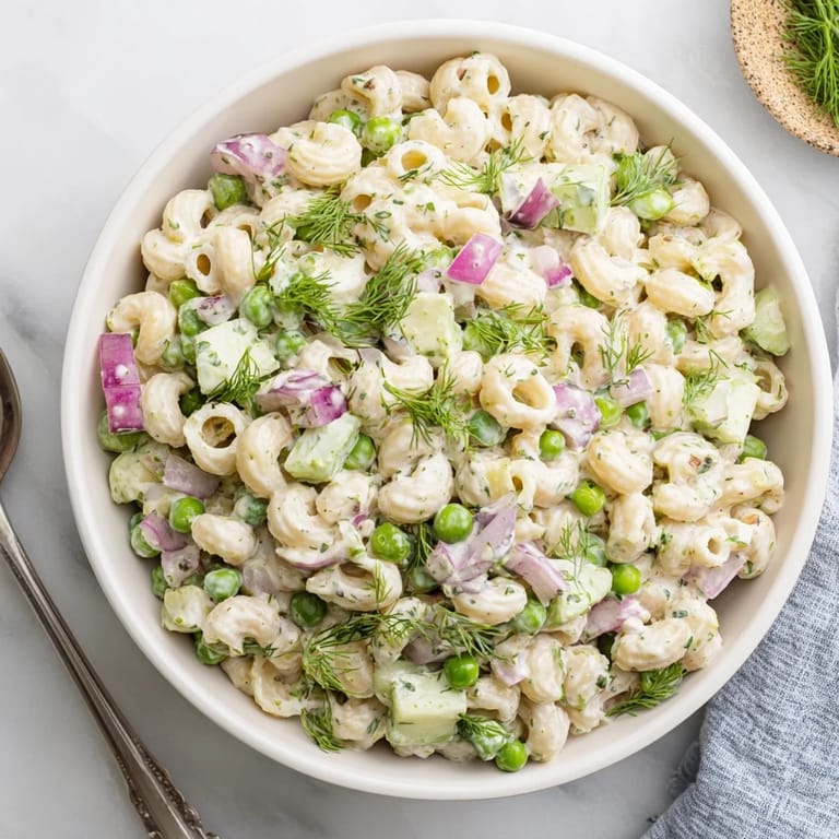Creamy Dill Pickle Pasta Salad tossed with pickles and peas, garnished with fresh dill, ready for a summer picnic or potluck.