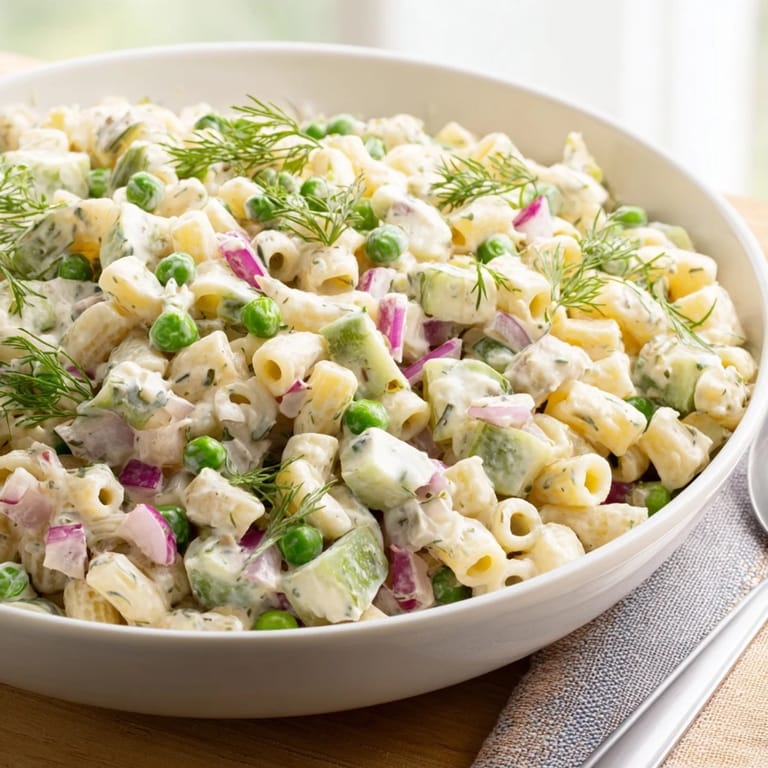 A bowl of Creamy Dill Pickle Pasta Salad featuring tender pasta, crunchy celery, red onion, and a rich mayo-sour cream dressing.