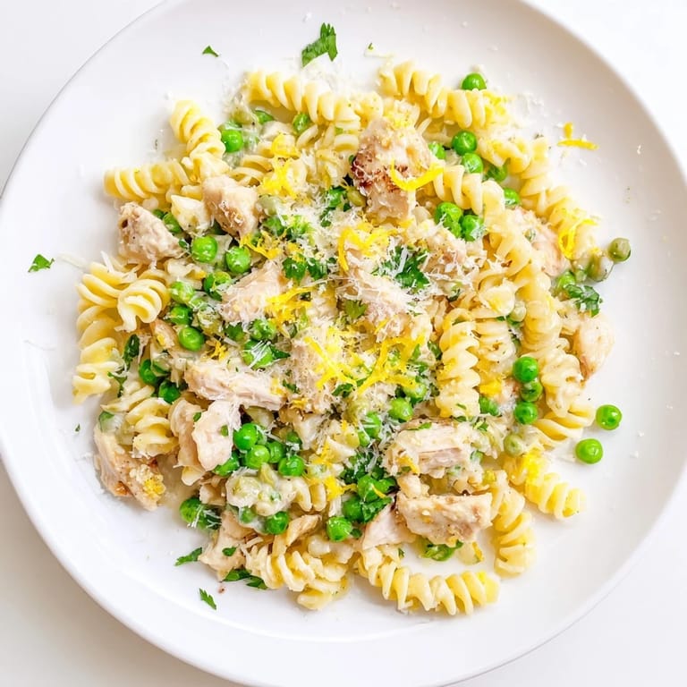 Savory Garlic Butter Chicken & Pea Pasta is tossed with Parmesan and lemon zest in a large skillet, steaming invitingly.  